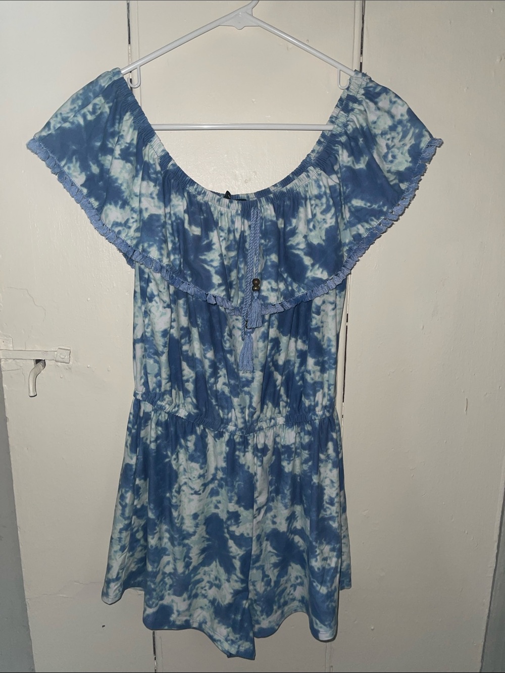 Blue Tie-Dye Off-Shoulder Romper